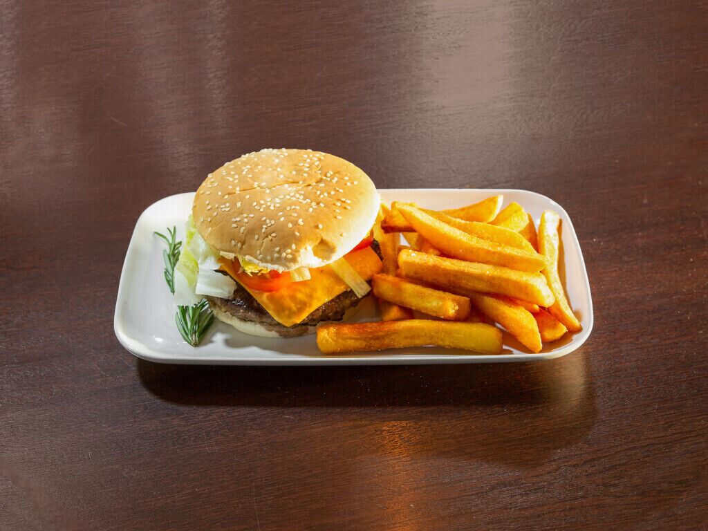 Un plato con una hamburguesa y papas fritas sobre un plato blanco rectangular.