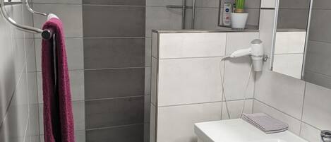 Dusche, Haartrockner, Handtücher, Seife