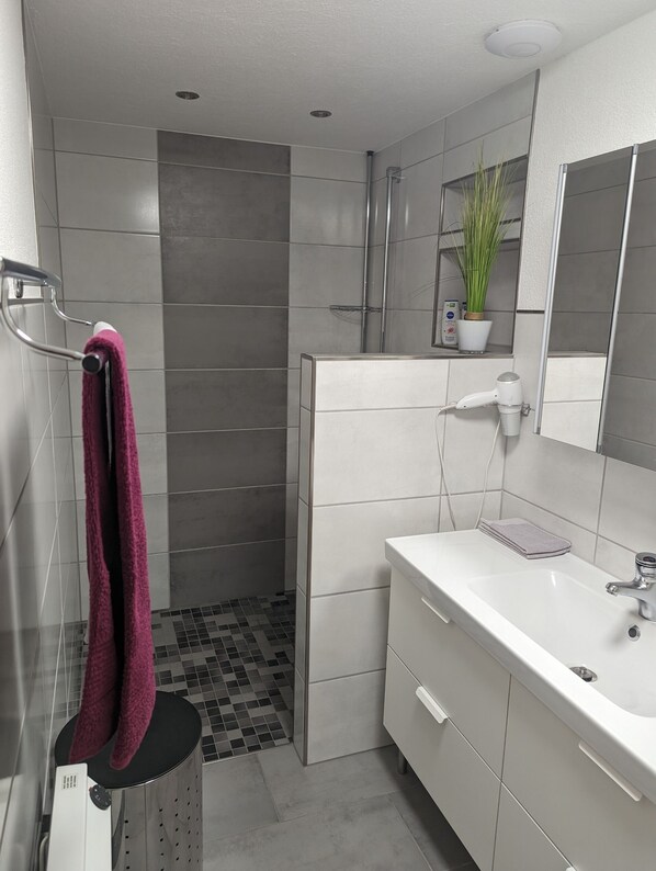 Douche, sèche-cheveux, serviettes fournies, savon