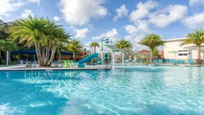 Ein Swimmingpool mit Wasserrutsche, Liegestühlen, Palmen und blauem Himmel.