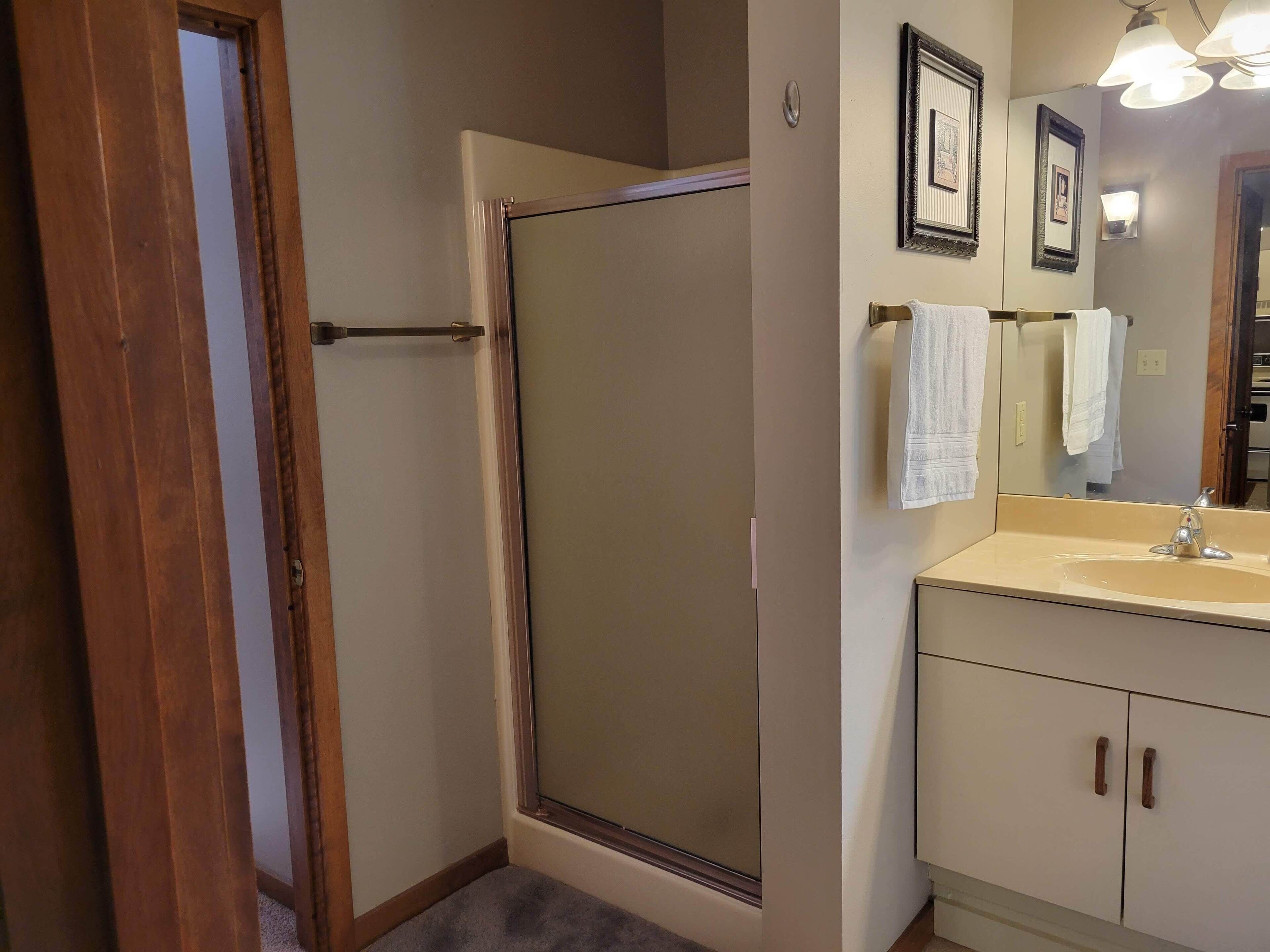 Une salle de bain avec une douche, un lavabo et un miroir.