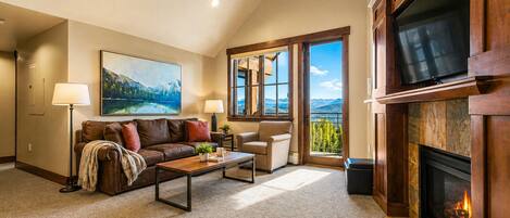 Smart TV, fireplace, video games, DVD player