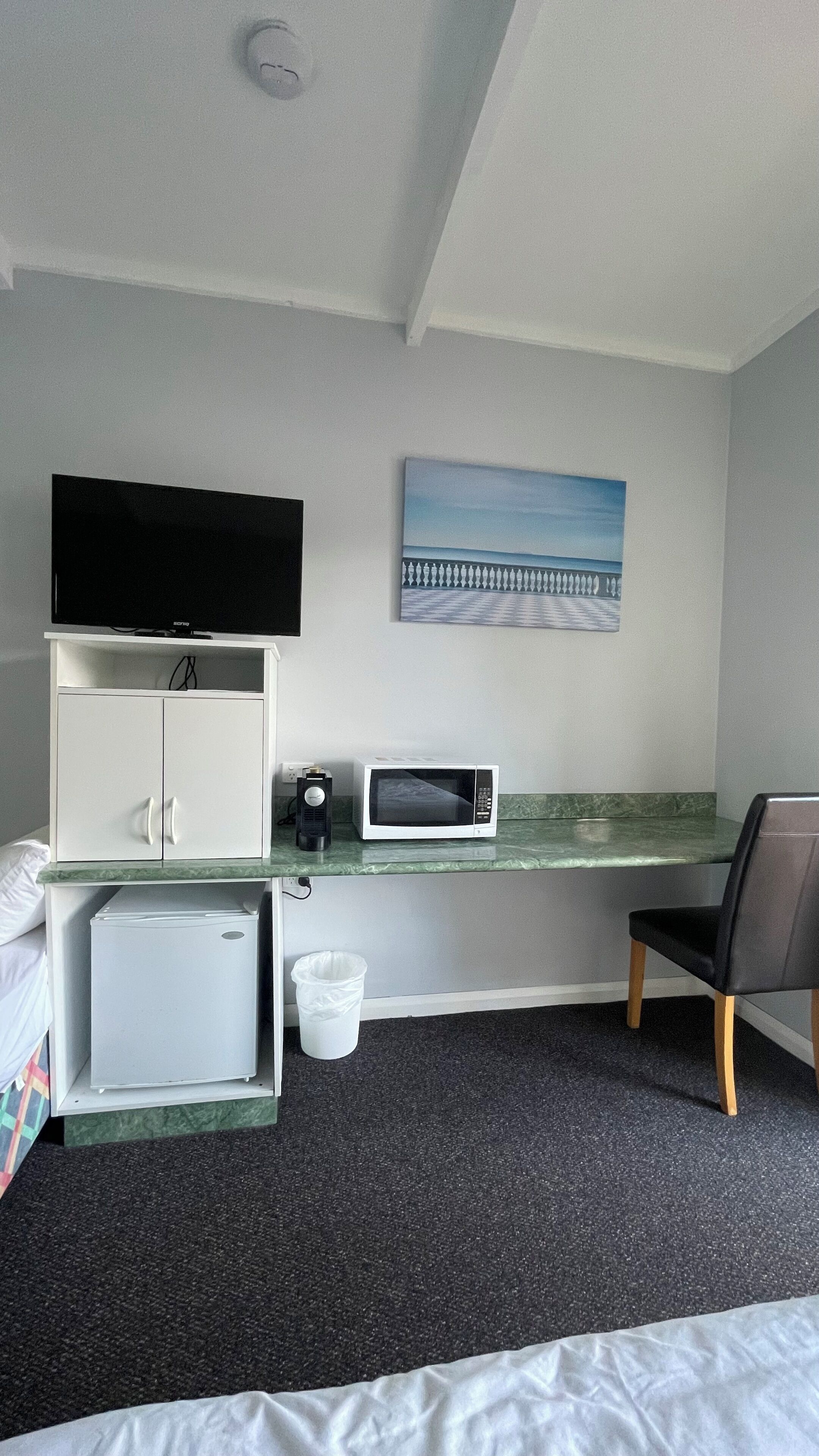 A hotel room with a bed, a desk with a microwave, a small refrigerator, a trash bin, a chair, a television on the wall, and a painting of a beach.