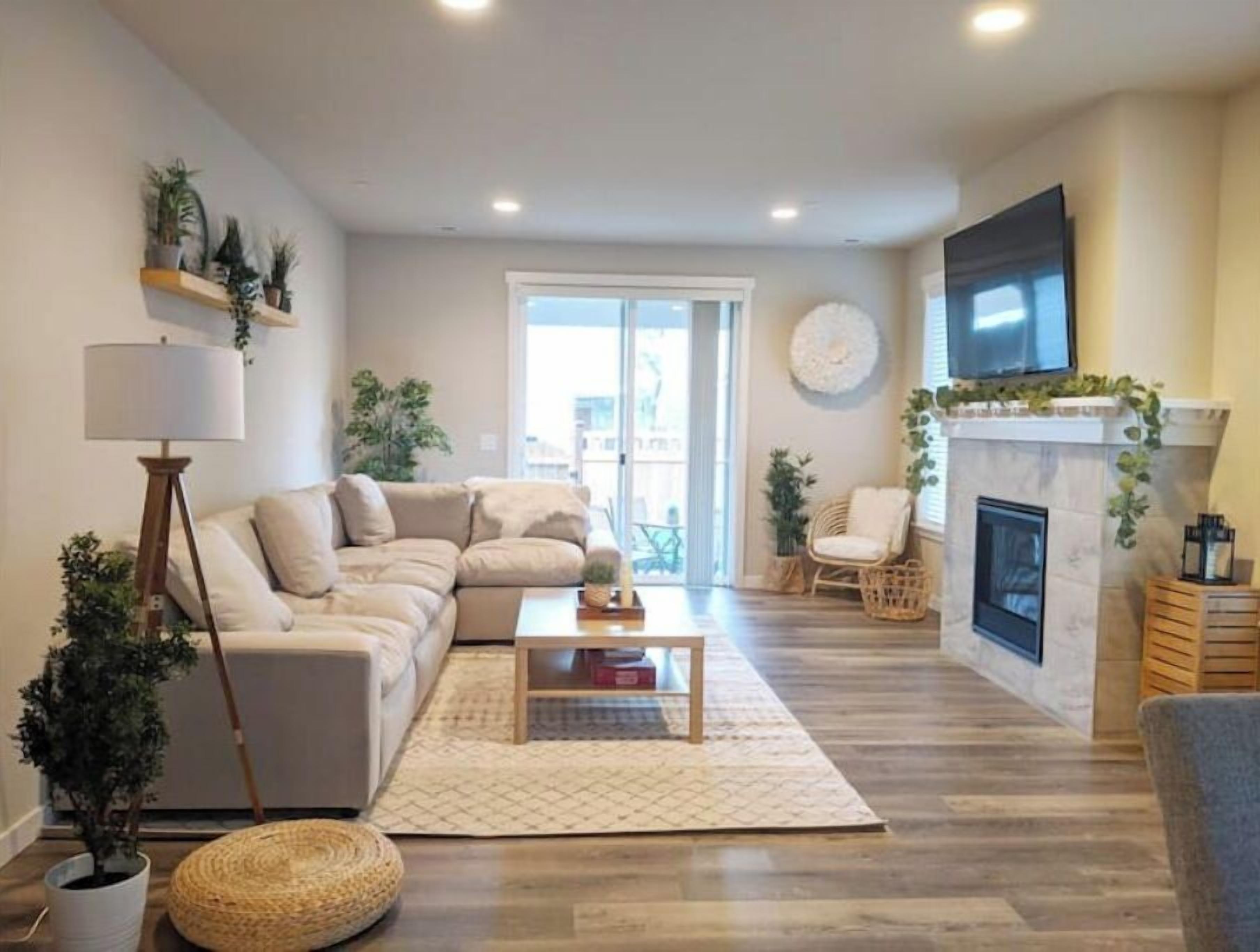 Smart TV, chimenea y libros 