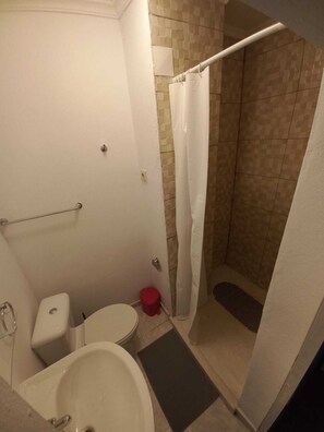 A bathroom with a toilet, sink, and shower area.