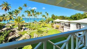 A balcony with a view of a tropical garden and the ocean. - HOTEL TODOBLANCO (Las Galeras)