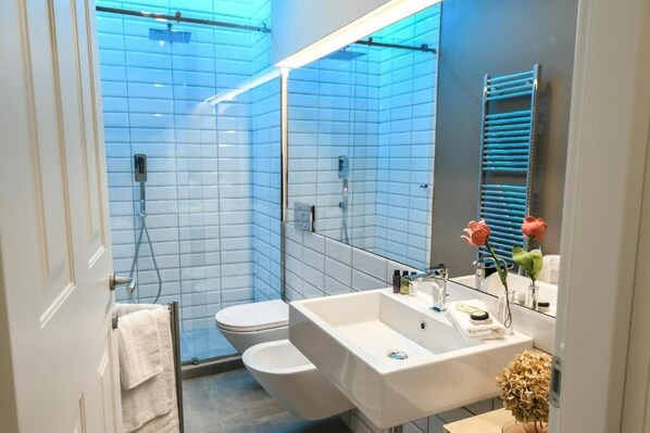 Dusche, Haartrockner, Bidet, Handtücher