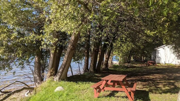 Una mesa de picnic junto a un lago, con un edificio blanco al fondo.