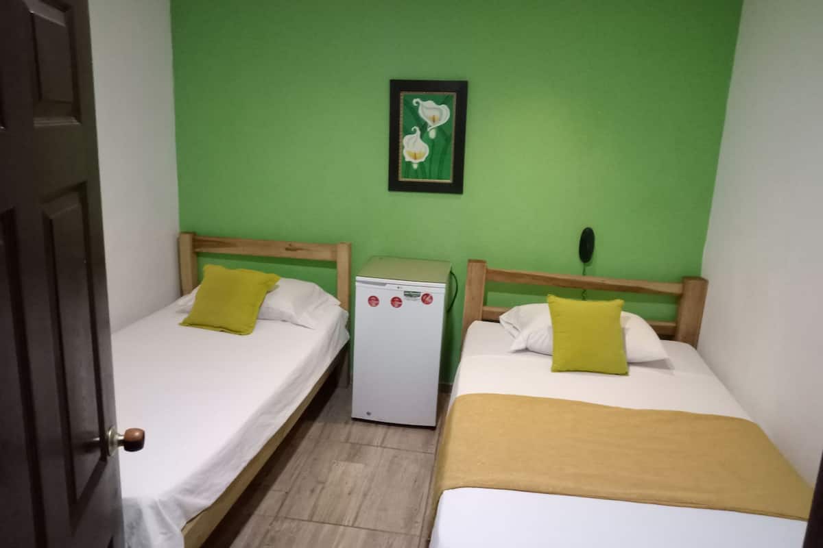 A small room with two single beds, each with a wooden headboard and a white mattress. There is a small white heater between the beds, and a green wall with a framed picture above the heater.