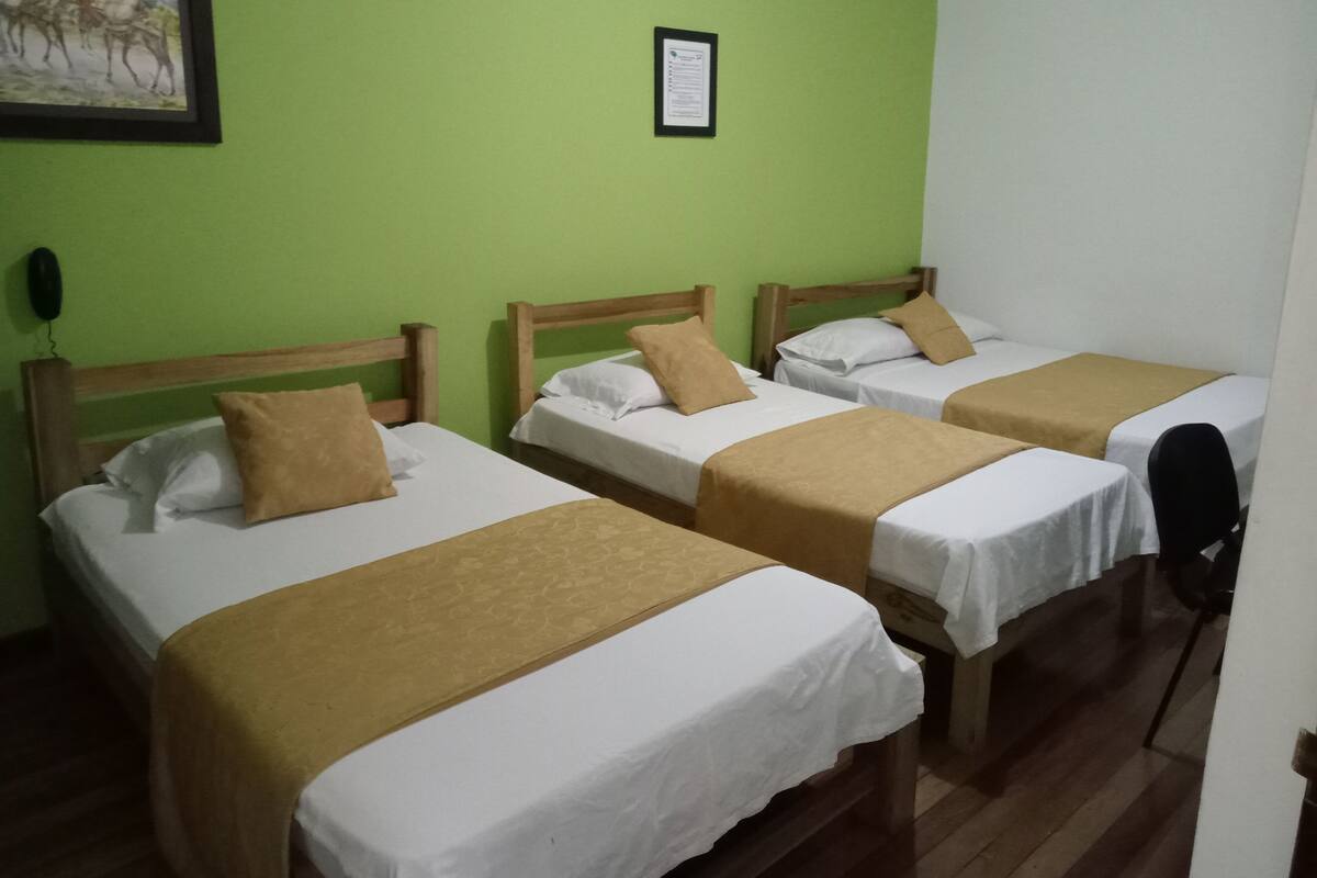 A hotel room with three single beds, each with a wooden headboard and white bedding.