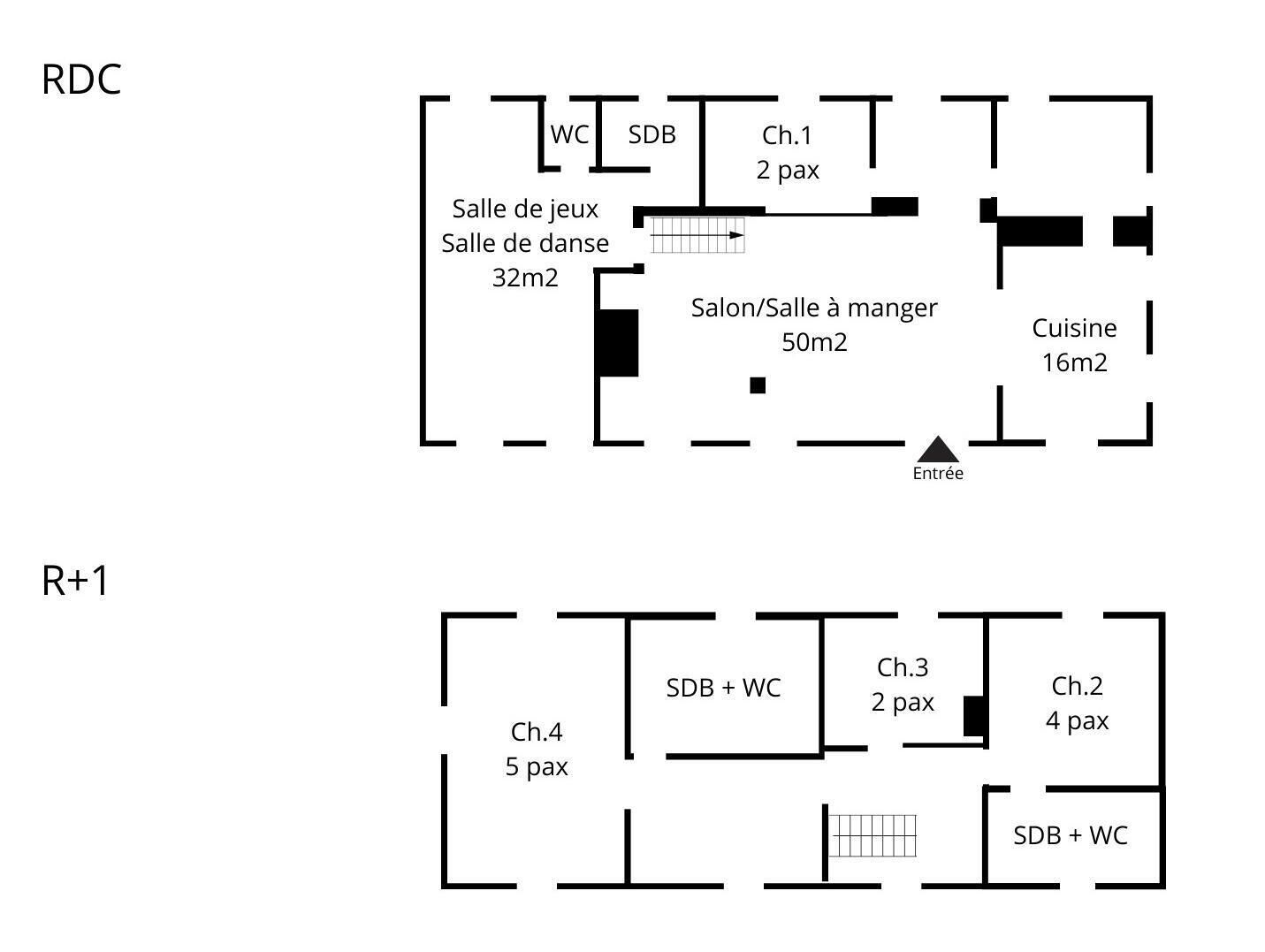 Plantas baixas para o rés-do-chão e primeiro andar, com detalhes das divisões, comodidades e dimensões. O rés-do-chão inclui uma sala de jogos de 32m2, uma área de refeições de 50m2 e uma cozinha de 16m2. O primeiro andar dispõe de um quarto para 5 pessoas, um quarto para 4 pessoas e um quarto para 2 pessoas.