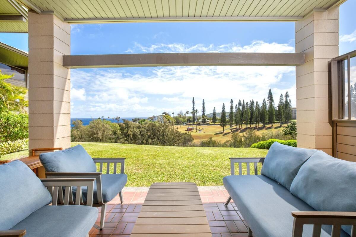 A covered patio with a view of a grassy landscape and trees.