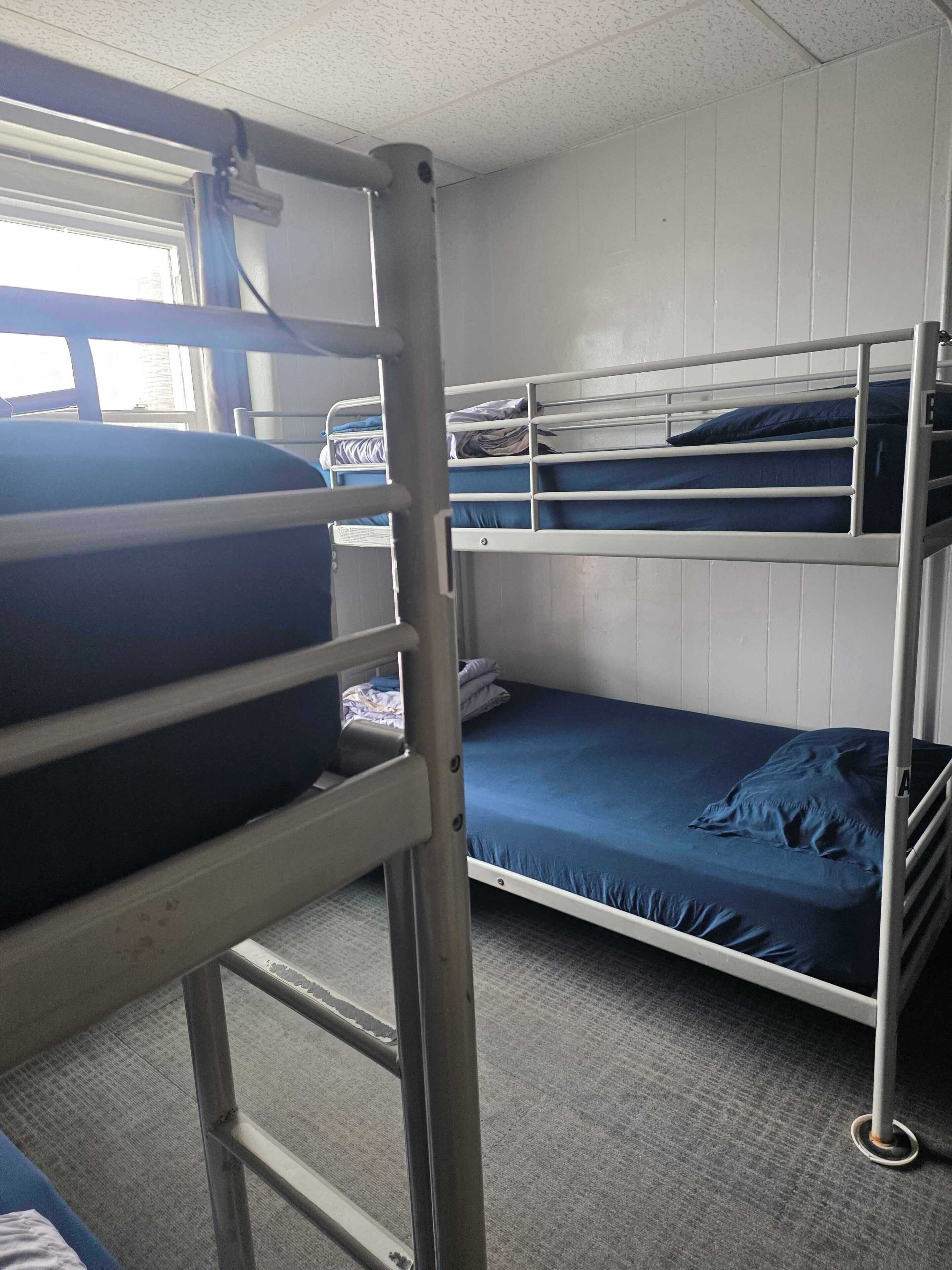 A bunk bed room with a window, a radiator, and a carpeted floor.
