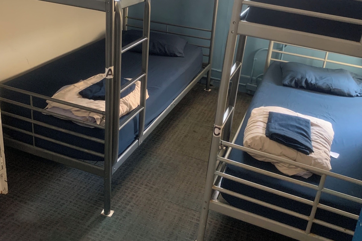 A bunk bed room with two beds, a window with curtains, and a carpeted floor.