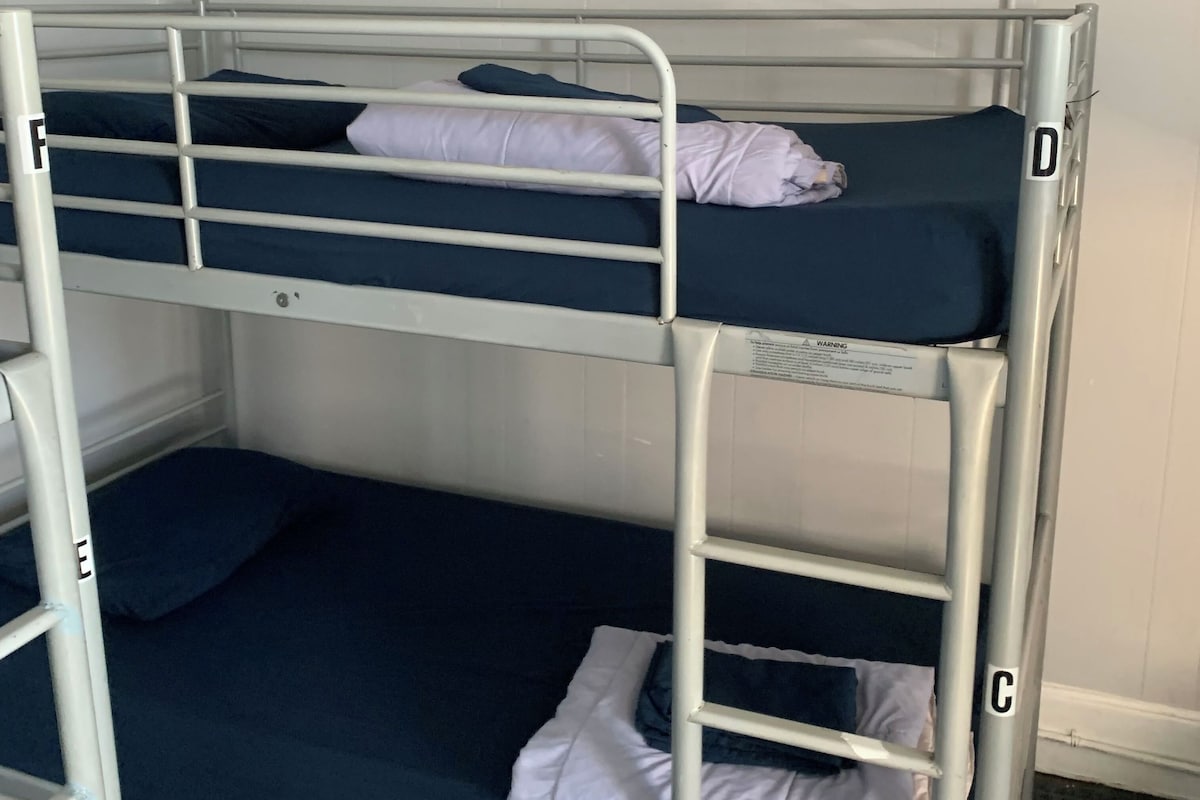 A bunk bed with metal railings and pillows.