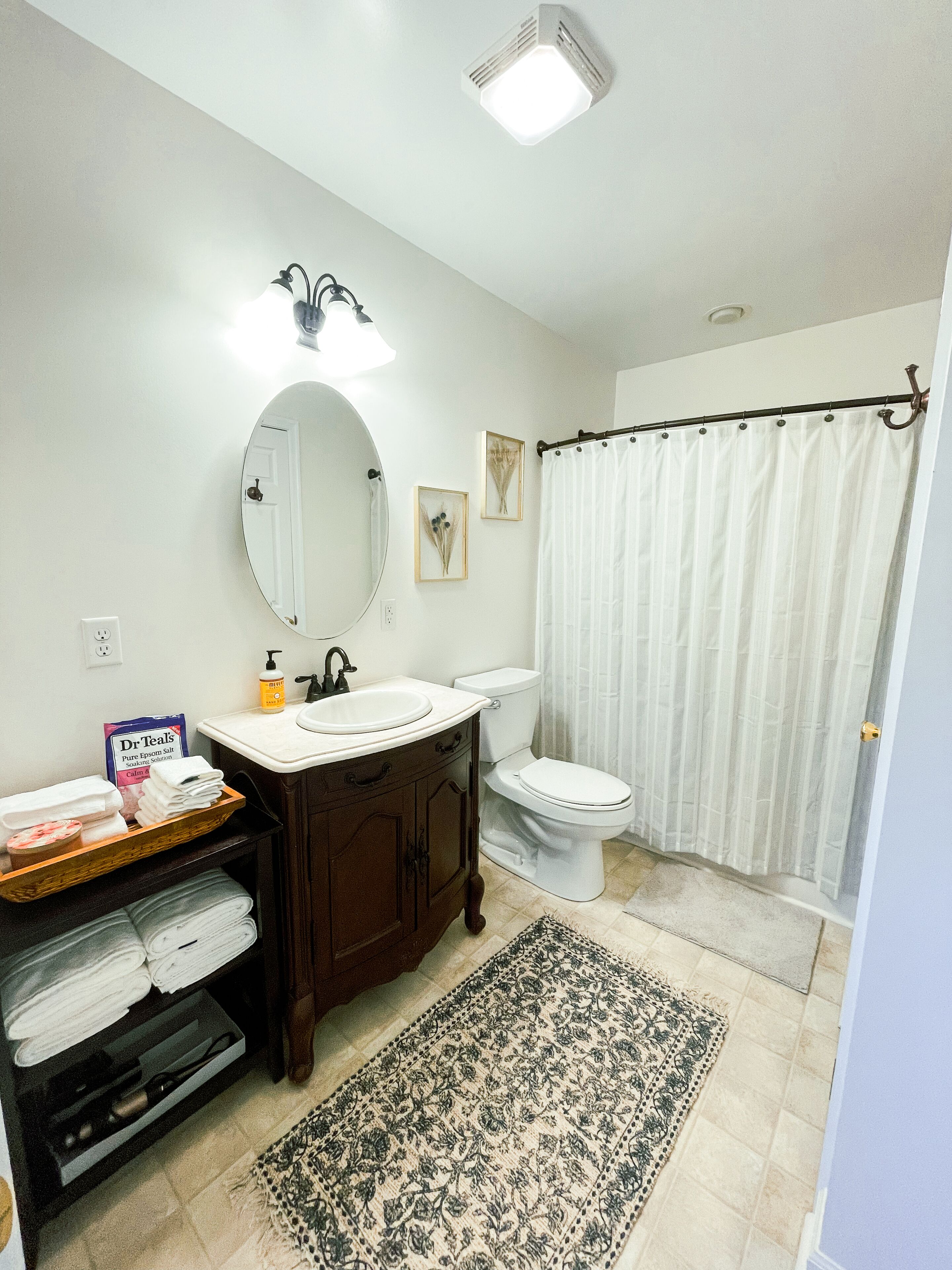 Hair dryer, towels, soap, shampoo