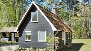 A modern house with a steeply pitched roof, large windows, and a well-maintained garden.