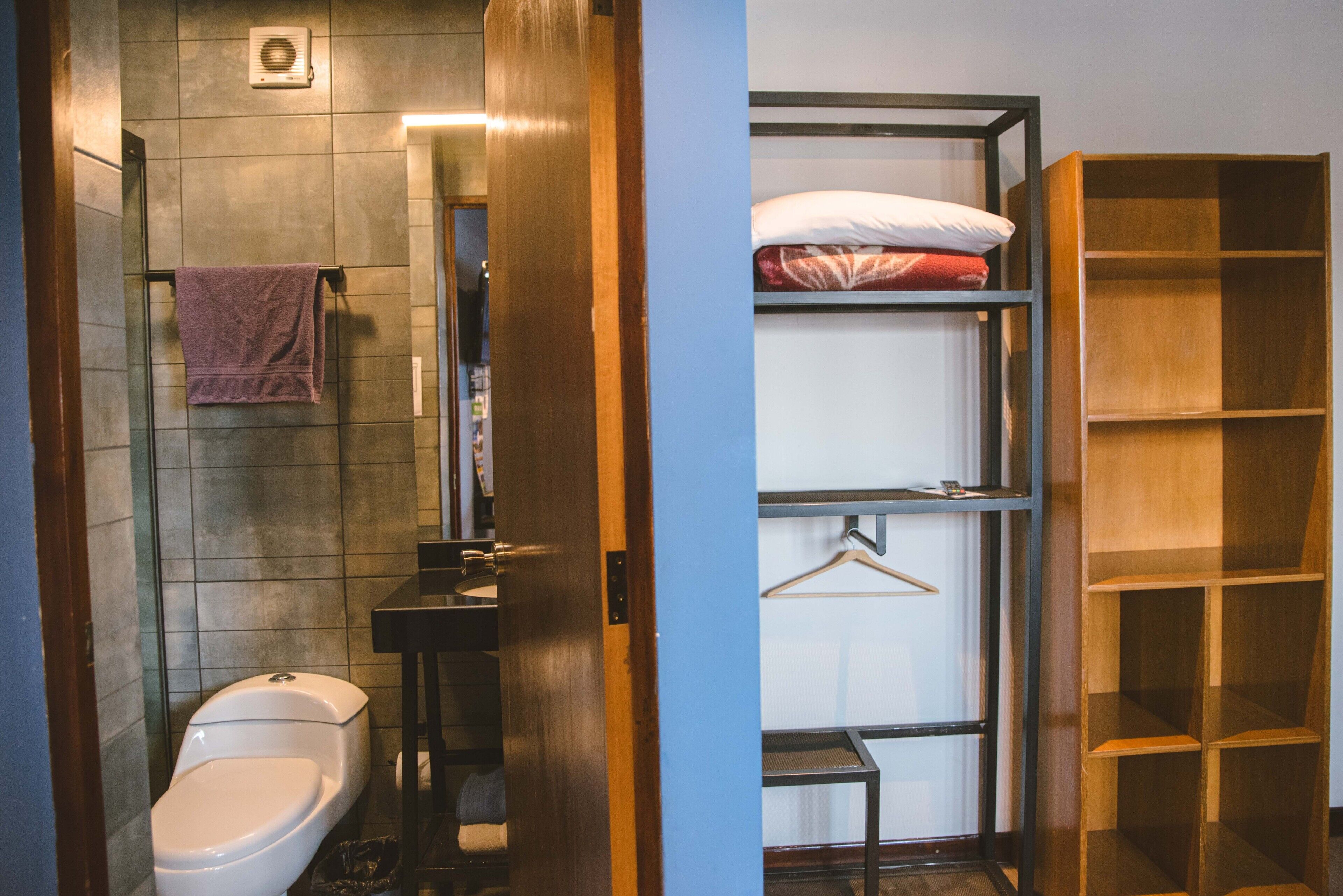 Baño pequeño con inodoro, toallero y zona de ducha.