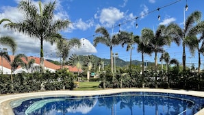 A swimming pool surrounded by palm trees and a mountainous backdrop.