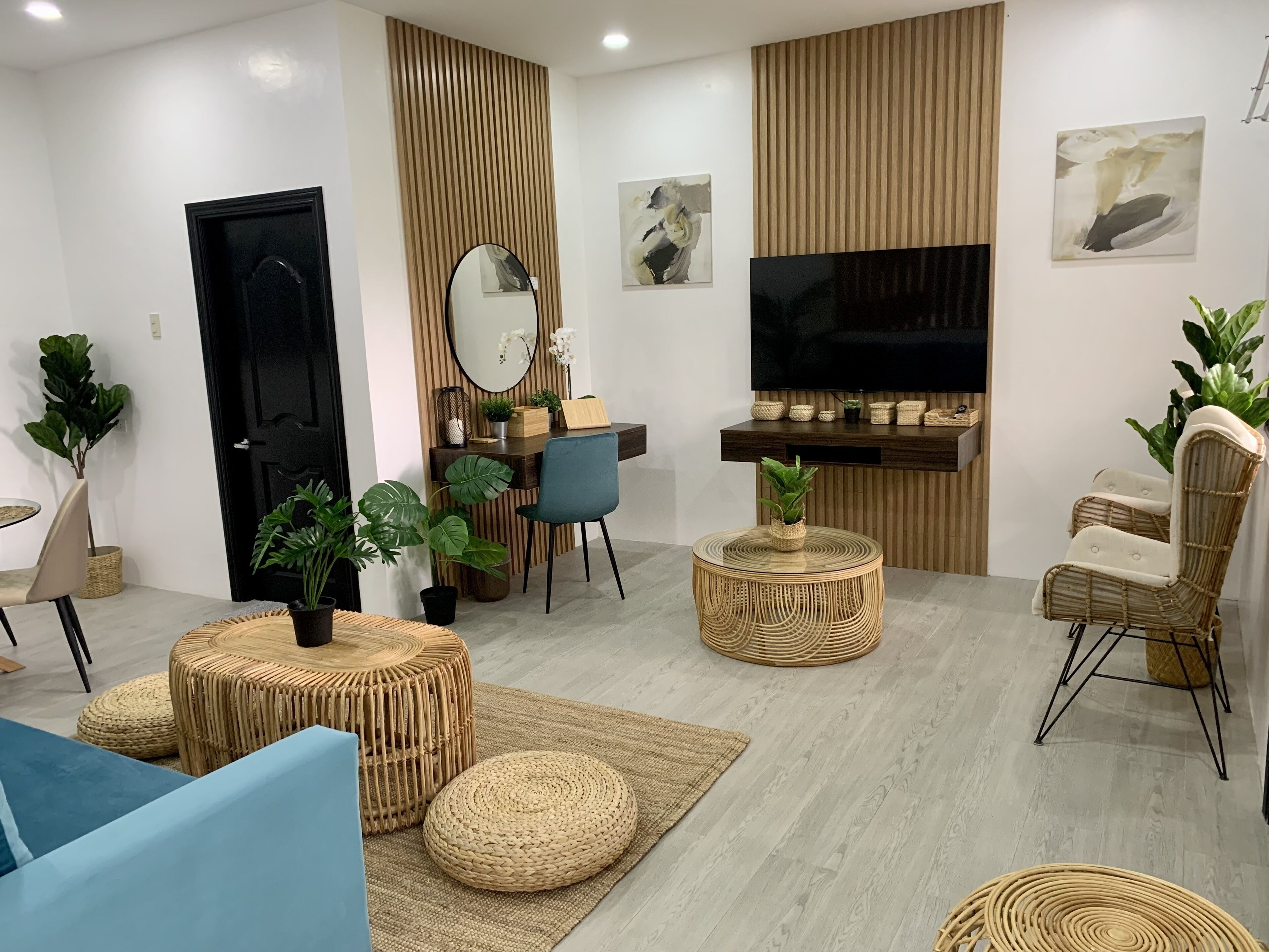 A modern living room with a TV, wicker furniture, and decorative plants.