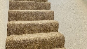 Un escalier recouvert de moquette, doté d’une rampe, qui mène à une porte au-dessus de laquelle se trouve un interrupteur.