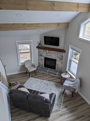 Smart TV, fireplace, DVD player, books