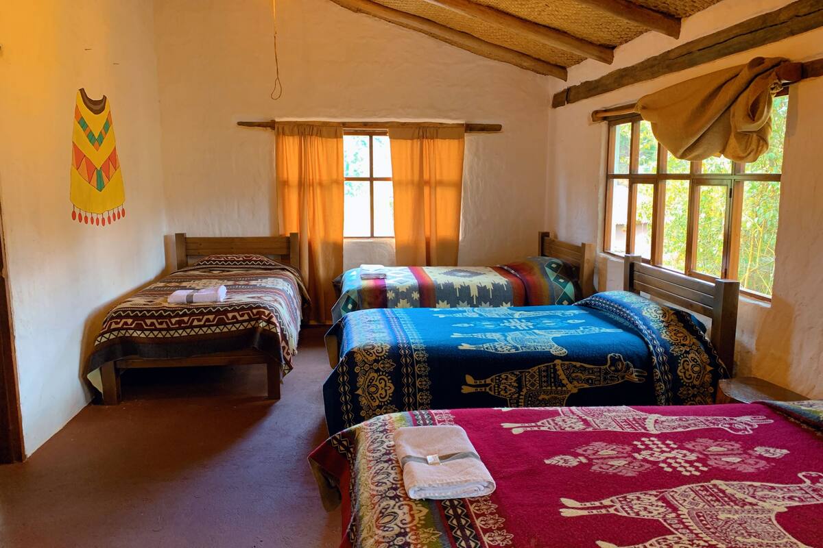 Quarto com duas camas de madeira, cada uma com roupa de cama estampada, uma lâmpada pendente e uma janela com cortinas.