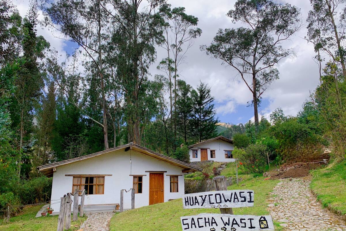 Uma casa rústica com um caminho de pedra que a leva até ela, rodeada por vegetação exuberante e árvores.