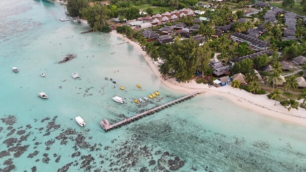 Vista aérea de un balneario costero con un muelle que se extiende sobre aguas turquesas, rodeado de edificios con techos de paja y palmeras.