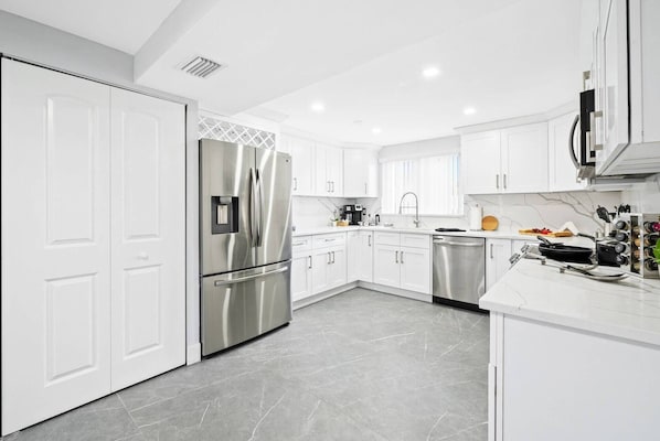 Fridge, microwave, oven, dishwasher