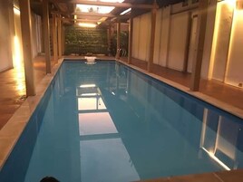 Una piscina interior con agua cristalina, suelo de madera y pared de azulejos con vistas a un jardín verde.