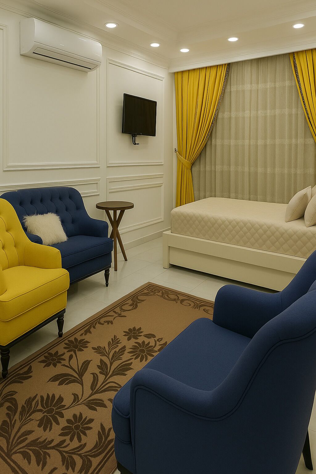 Ein Hotelzimmer mit einem Bett, zwei Sesseln, einem kleinen Tisch, einem Fernseher und einem dekorativen Teppich.