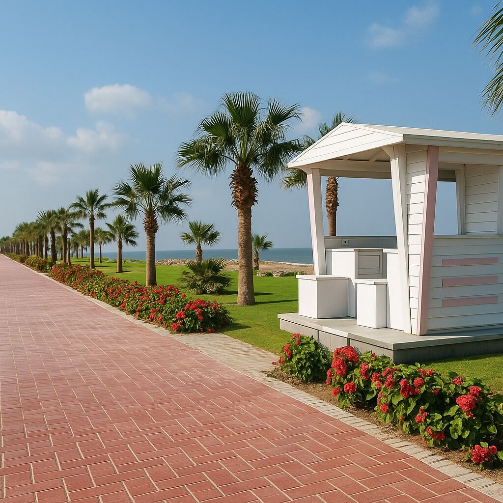 A pathway lined with palm trees and red flowers leading to a white gazebo with outdoor seating.