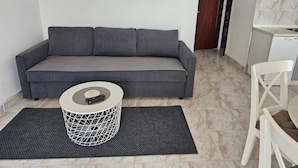 Un canapé gris, une petite table d’appoint ronde et blanche avec une télécommande, un tapis noir, une chaise blanche et un coin cuisine avec un plan de travail blanc et un évier.