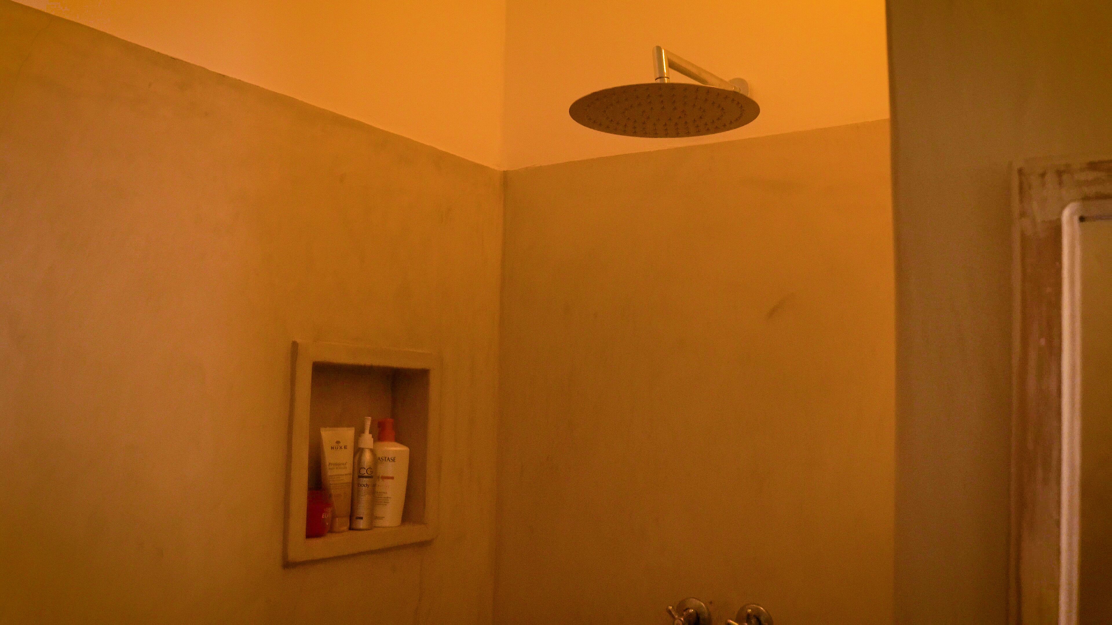 A bathroom with a shower, a shelf with toiletries, and a door.