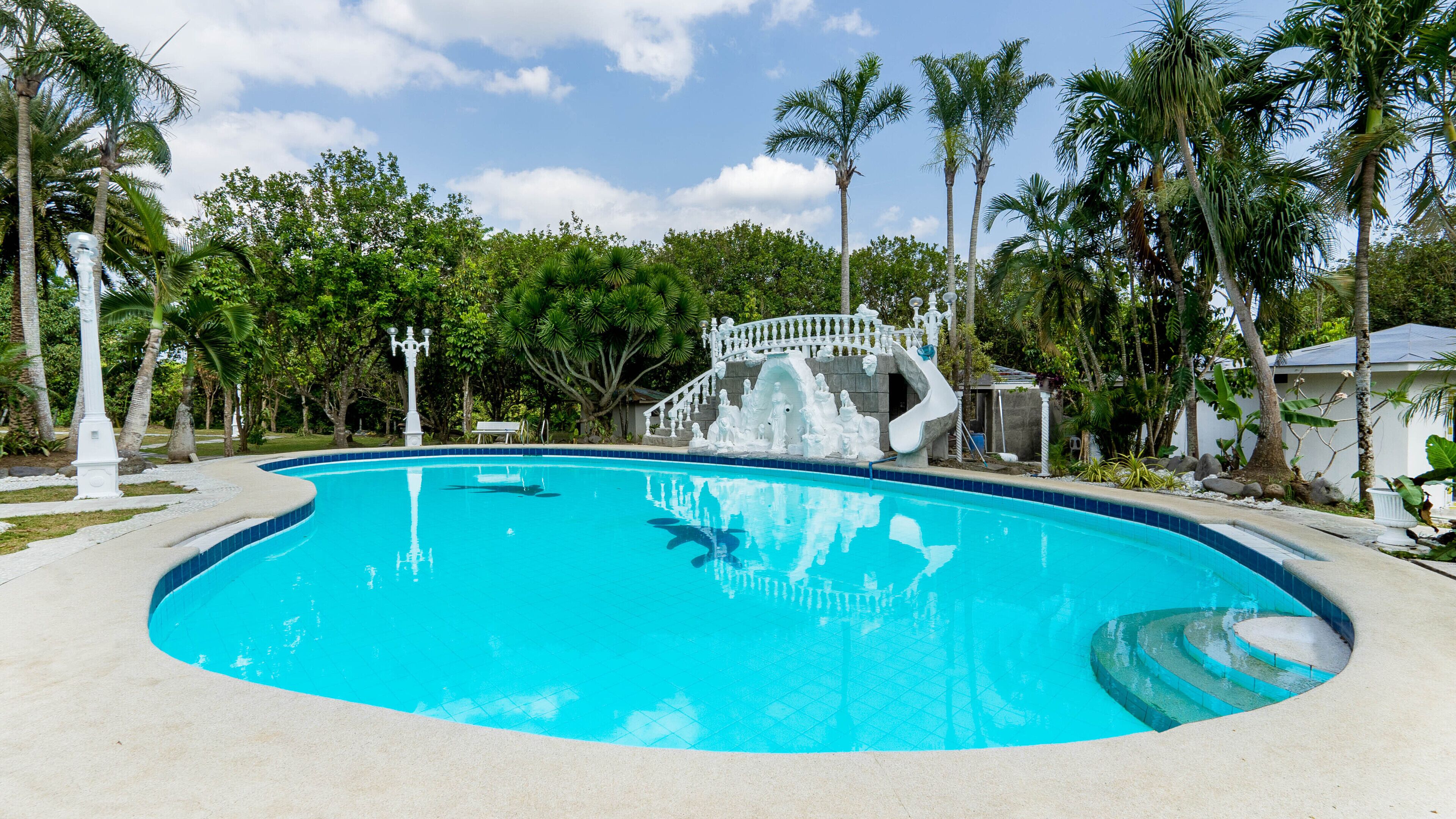 A swimming pool with a water slide, surrounded by palm trees and a white fence.