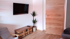 A modern living room with a flat-screen TV mounted on the wall, a wooden cabinet with drawers, a potted plant, a grey sofa, and a wooden door. - Ferienwohnung 40m² mit Terrasse, bis 3 Personen, Separates Schlafzimmer (Grassau)