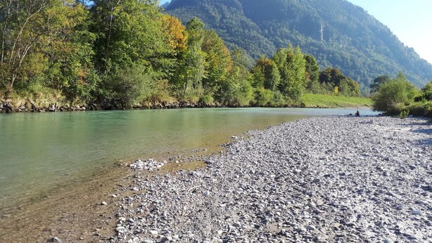 A riverbank with a rocky shore, trees, and a mountain in the background. - Ferienwohnung 40m² mit Terrasse, bis 3 Personen, Separates Schlafzimmer (Grassau)