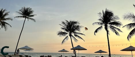 Beach nearby, sun loungers, beach umbrellas, beach bar