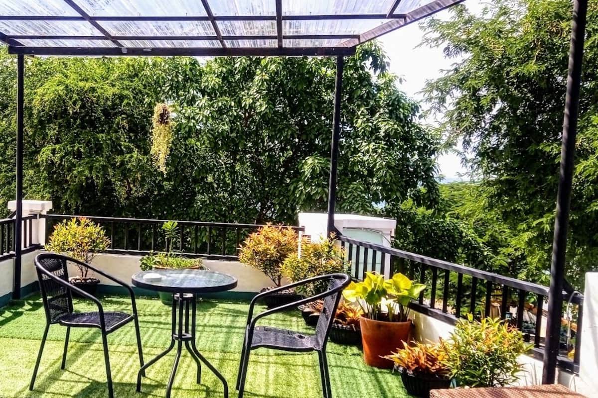 Ein überdachter Balkon mit Glasdach, umgeben von üppiger Vegetation.