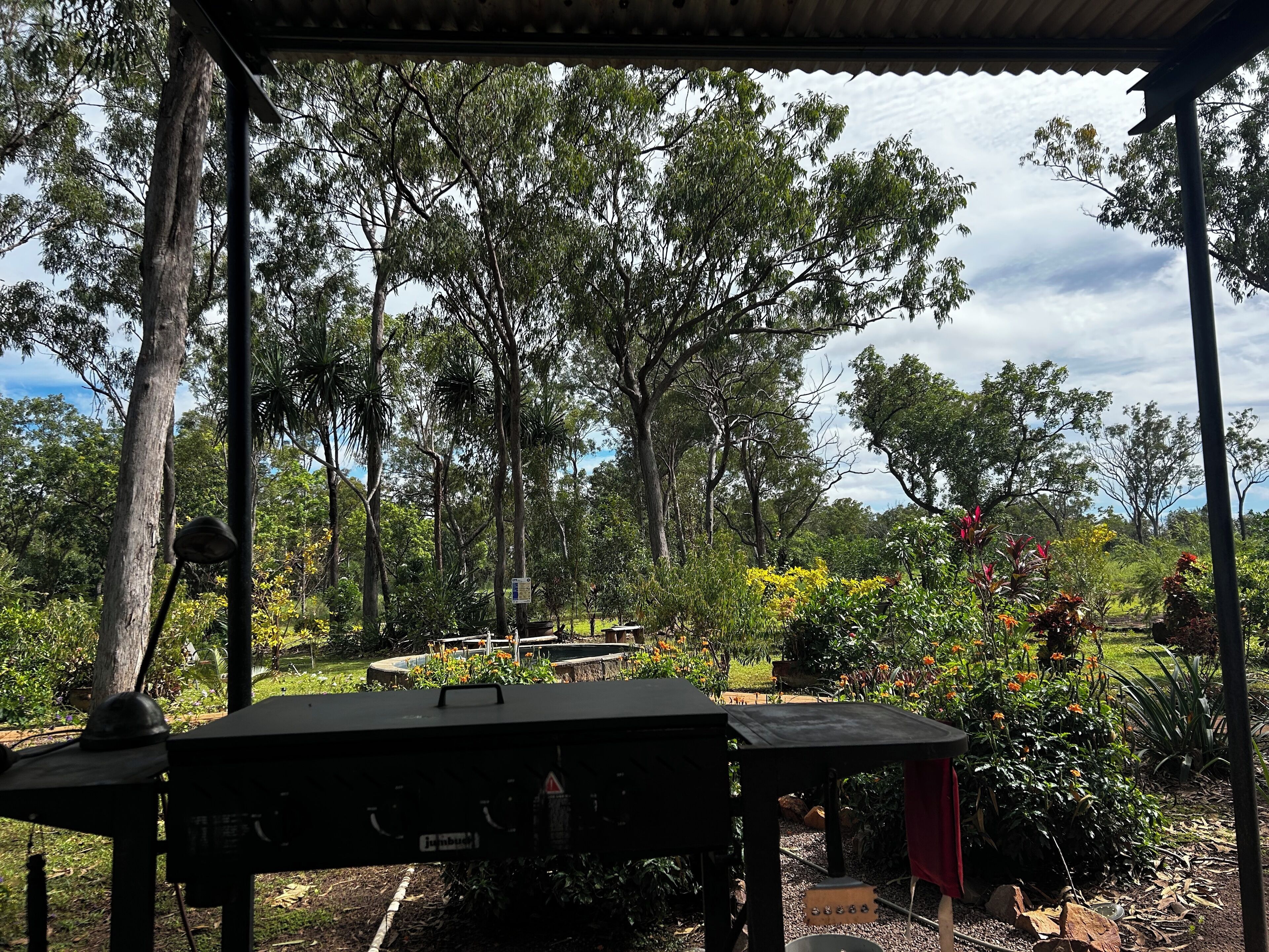 An outdoor area with a grill and tables under a covered structure, surrounded by trees and plants.