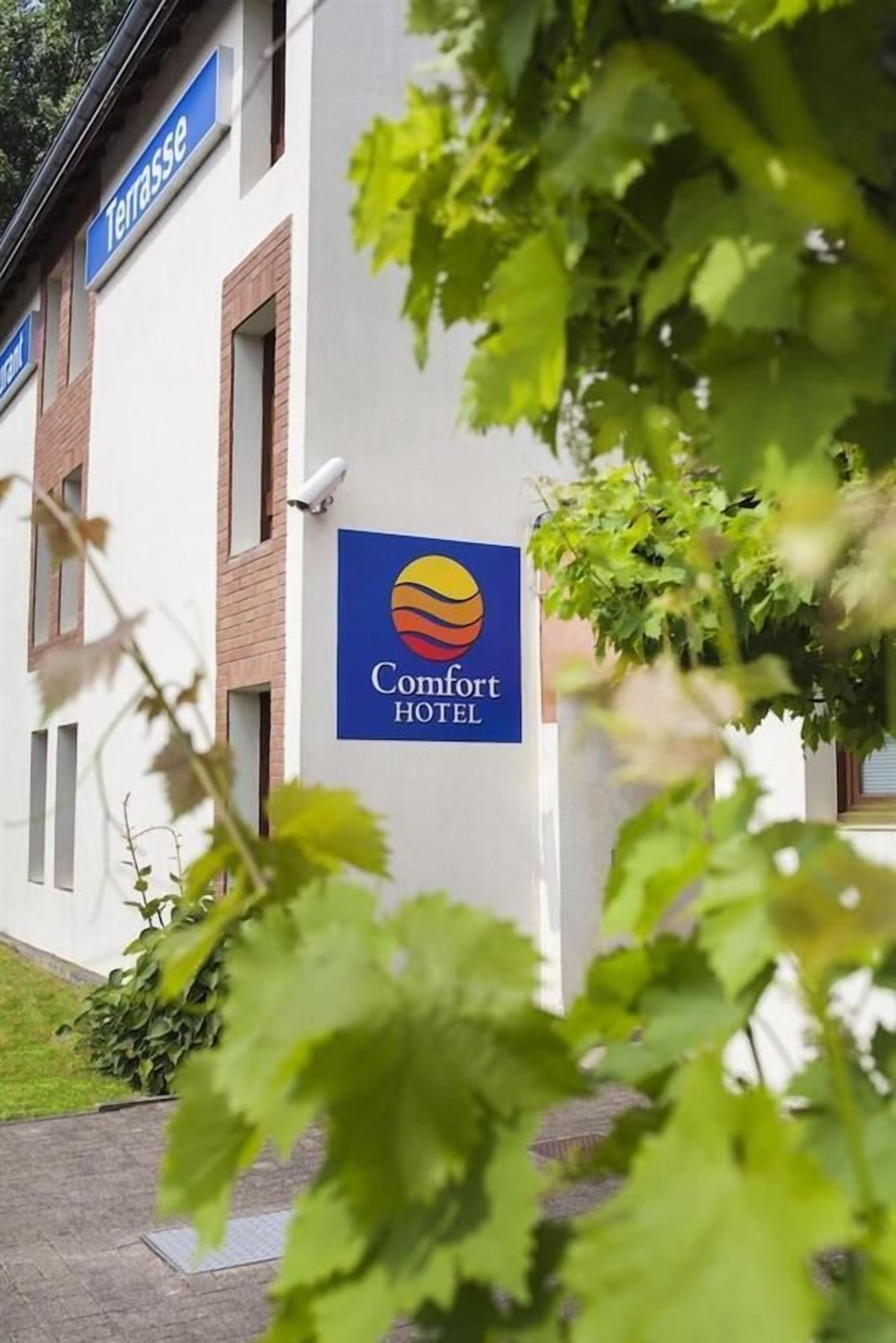 A Comfort Hotel sign with a logo, a terrace sign, and a building facade.