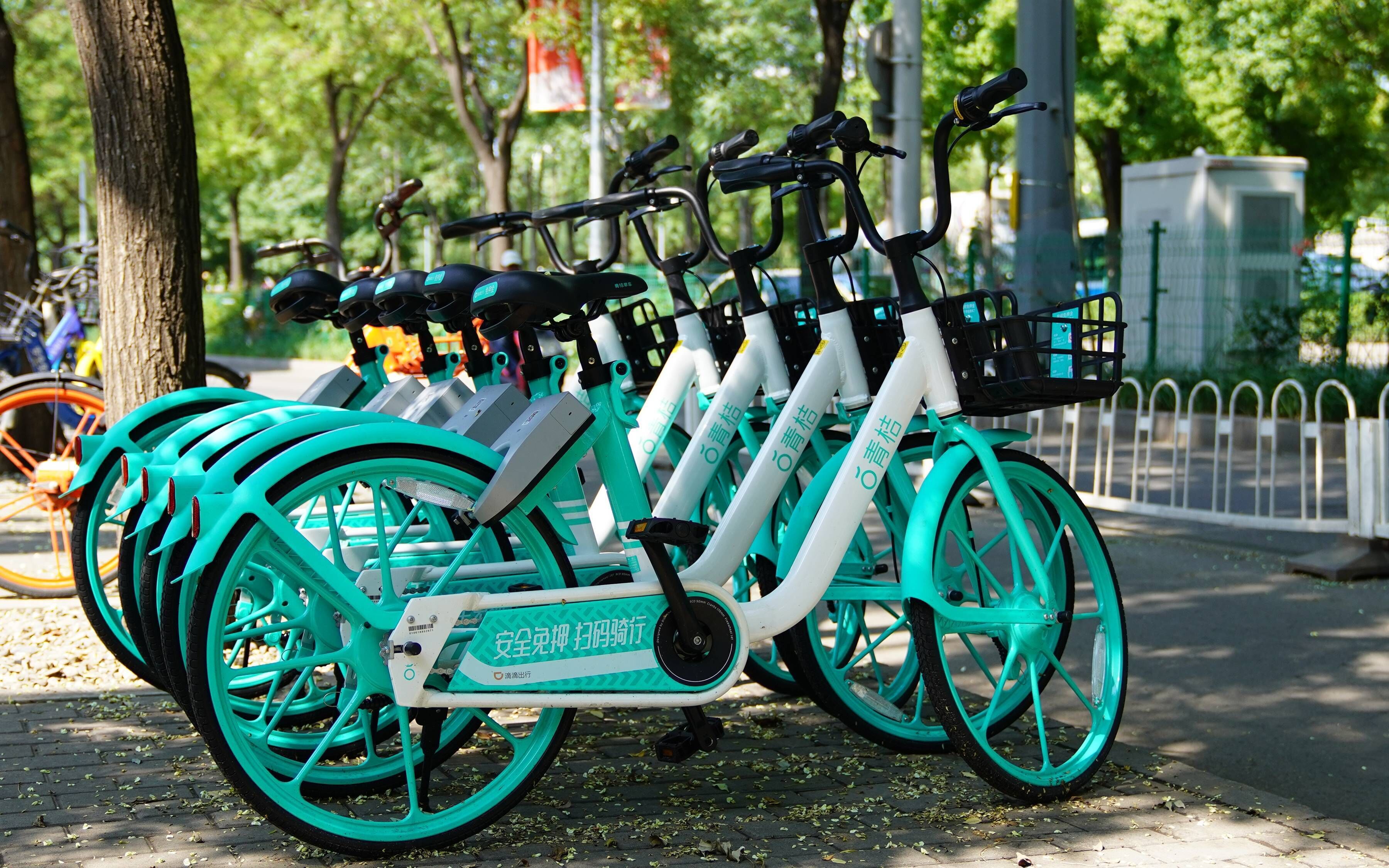 A row of electric bicycles parked on a sidewalk.