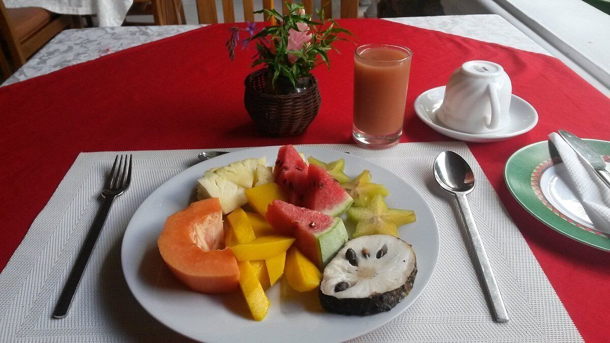 A table with a red tablecloth, a plate of fruit, a glass of juice, a cup, and a small potted plant.