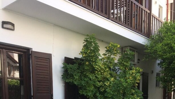 An outdoor seating area with round tables and chairs, a balcony, and a large tree. - Pettite Morfo (Skiathos)