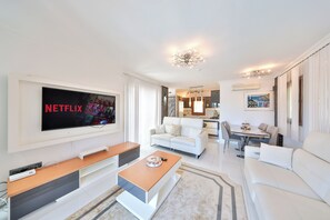 Smart TV, fireplace, books