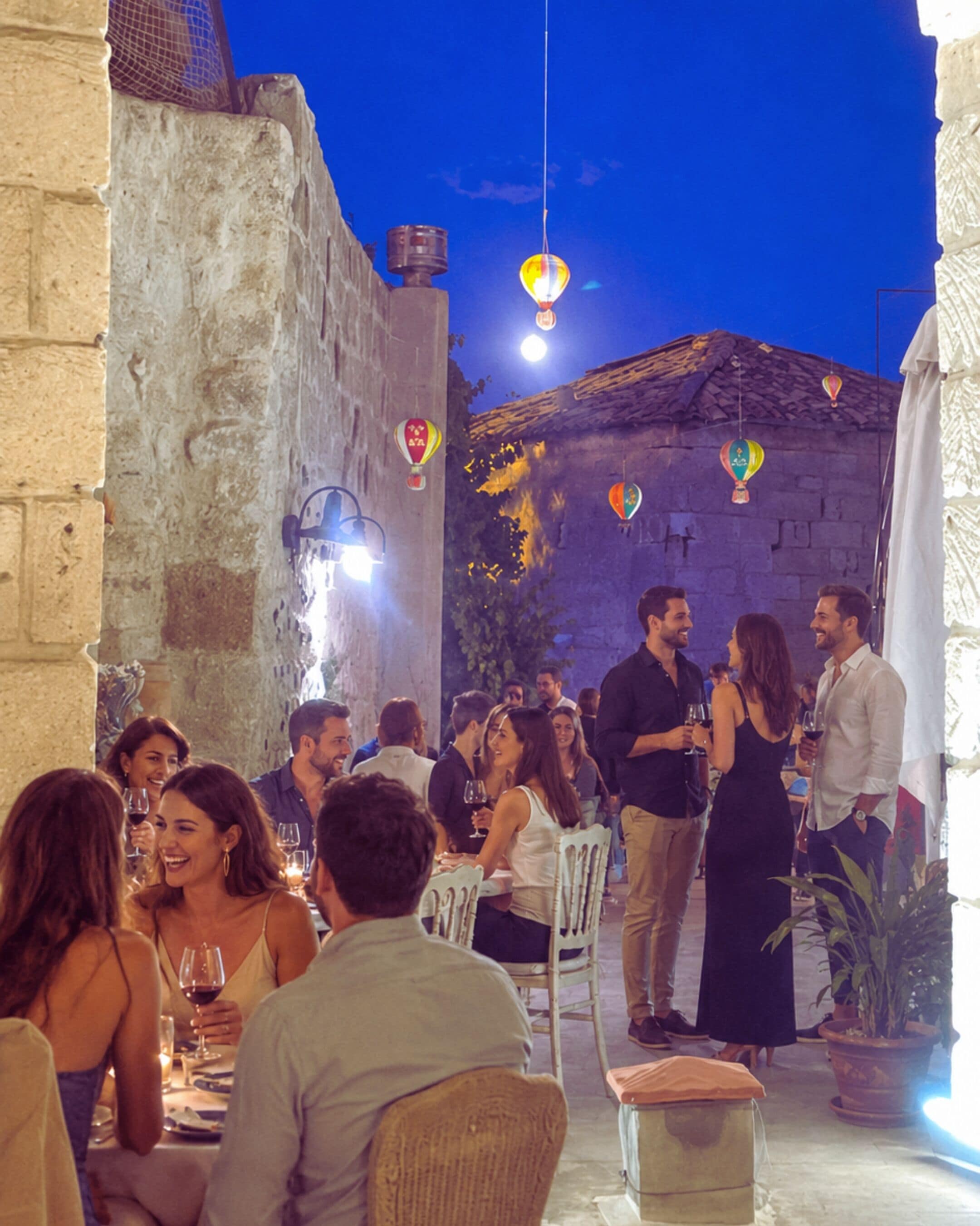 An outdoor dining area with stone walls, tables, and chairs, and hanging decorative lights.