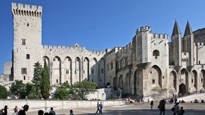 A historic castle with multiple towers and arched walkways. - Villa Piscine vue Castelas (Rochefort-du-Gard)