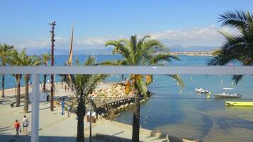 A coastal promenade with palm trees, a clear blue sky, and boats on the water.