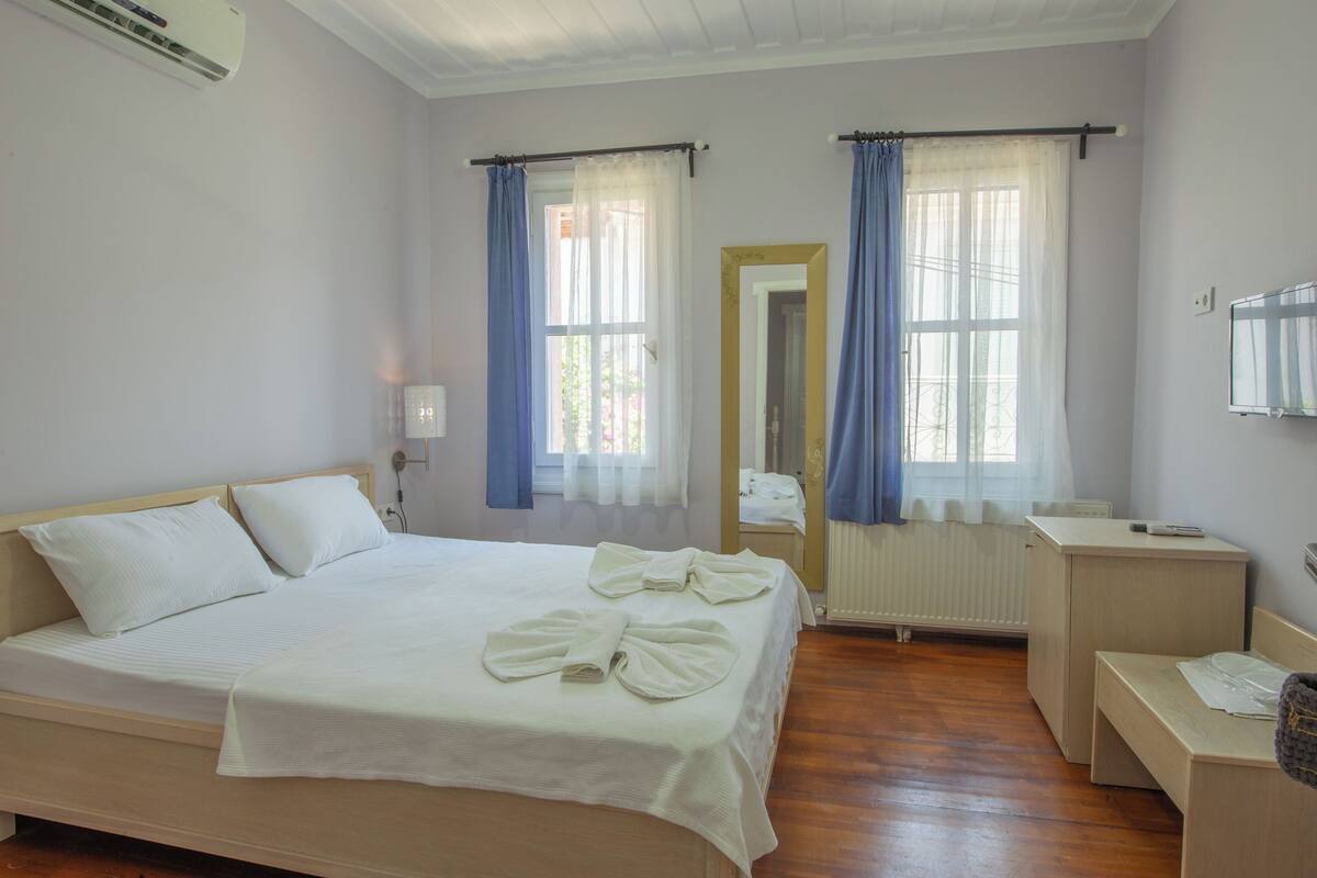 A hotel room with a bed, a desk, a mirror, and a radiator.
